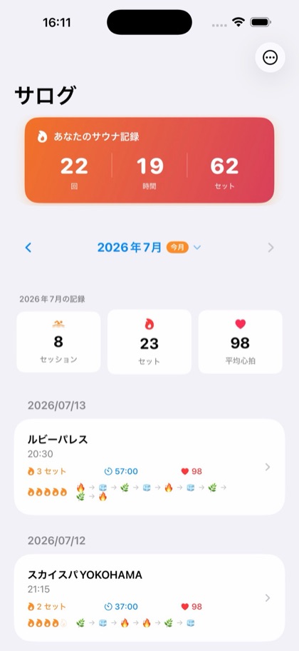 サログのホーム画面。サウナの回数・時間・セット数と日別の記録